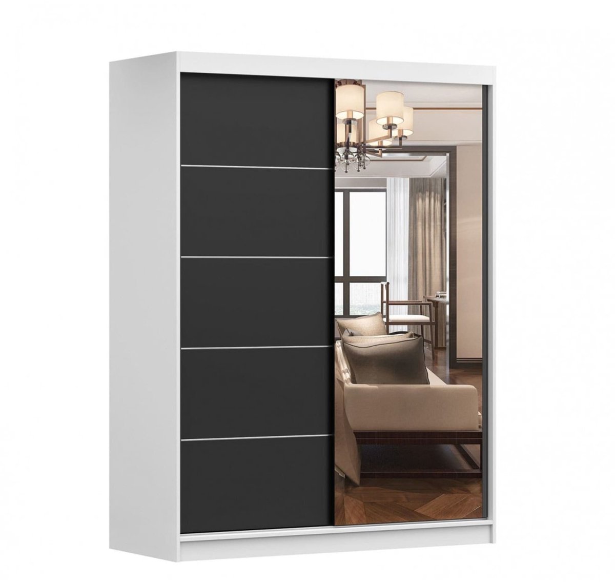 AJE Meubles B.V. Schuifdeurkast LARA 05 – 2-deurs kledingkast met spiegel, legplanken en kledingroede – modern design – 150x200x61 cm - LARA 05 (Wit + Zwart)