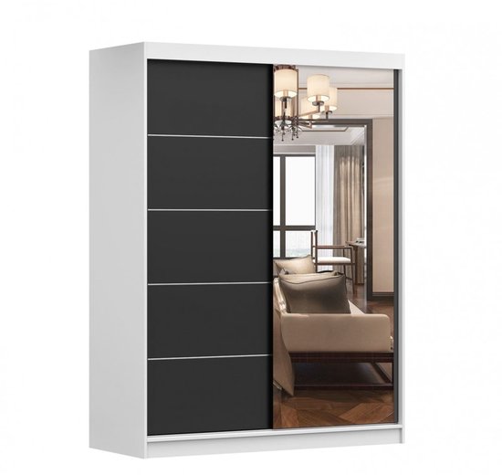 Witte kast met spiegeldeur en twee zwarte deuren met horizontale lijsten.
