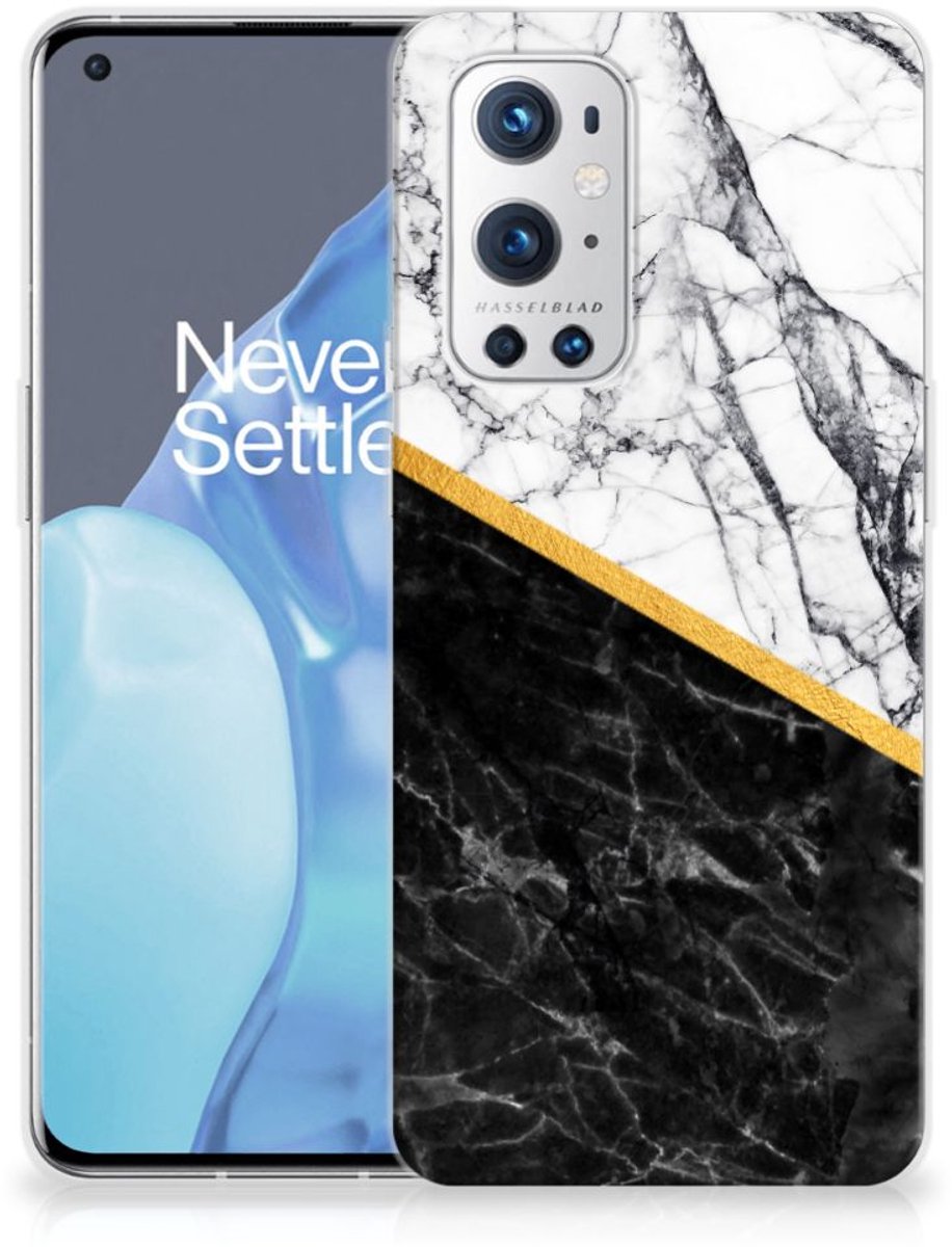 OnePlus 9 Pro TPU Siliconen Hoesje Marmer Wit Zwart - Origineel Cadeau Man