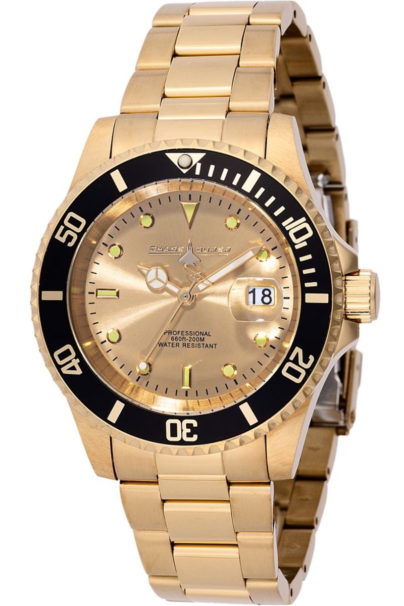 Chase Durer CDW-0129 Heren Horloge - Waterdicht - Analoog - Quartz Uurwerk - Roestvrij Staal met gouden Wijzerplaat - 40mm