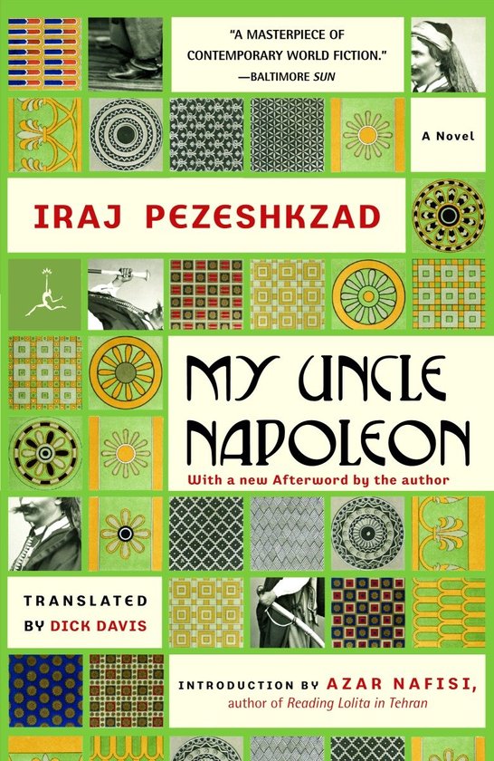 Boekcover "My Uncle Napoleon" met geometrische patronen, illustraties, tekst en een citaten.