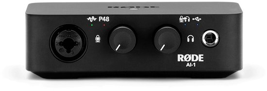 Zwarte RØDE AI-1 audio interface met P48, microfoon, hoofdtelefoon en USB-aansluitingen, twee draaiknoppen en indicatielampjes.