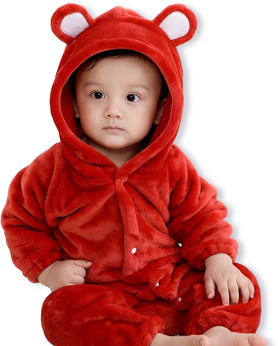 BoefieBoef Rood Baby Berenpak 12-24 maanden – Zacht Flanel Winterpak - Warme Winter Onesie - Baby Romper met Beren Capuchon - Baby Jumpsuit voor Kinderen - Boxpakje - Pyjama voor Jongens en Meisjes – Kerst cadeau of Kraamcadeau - 1-2 jaar M