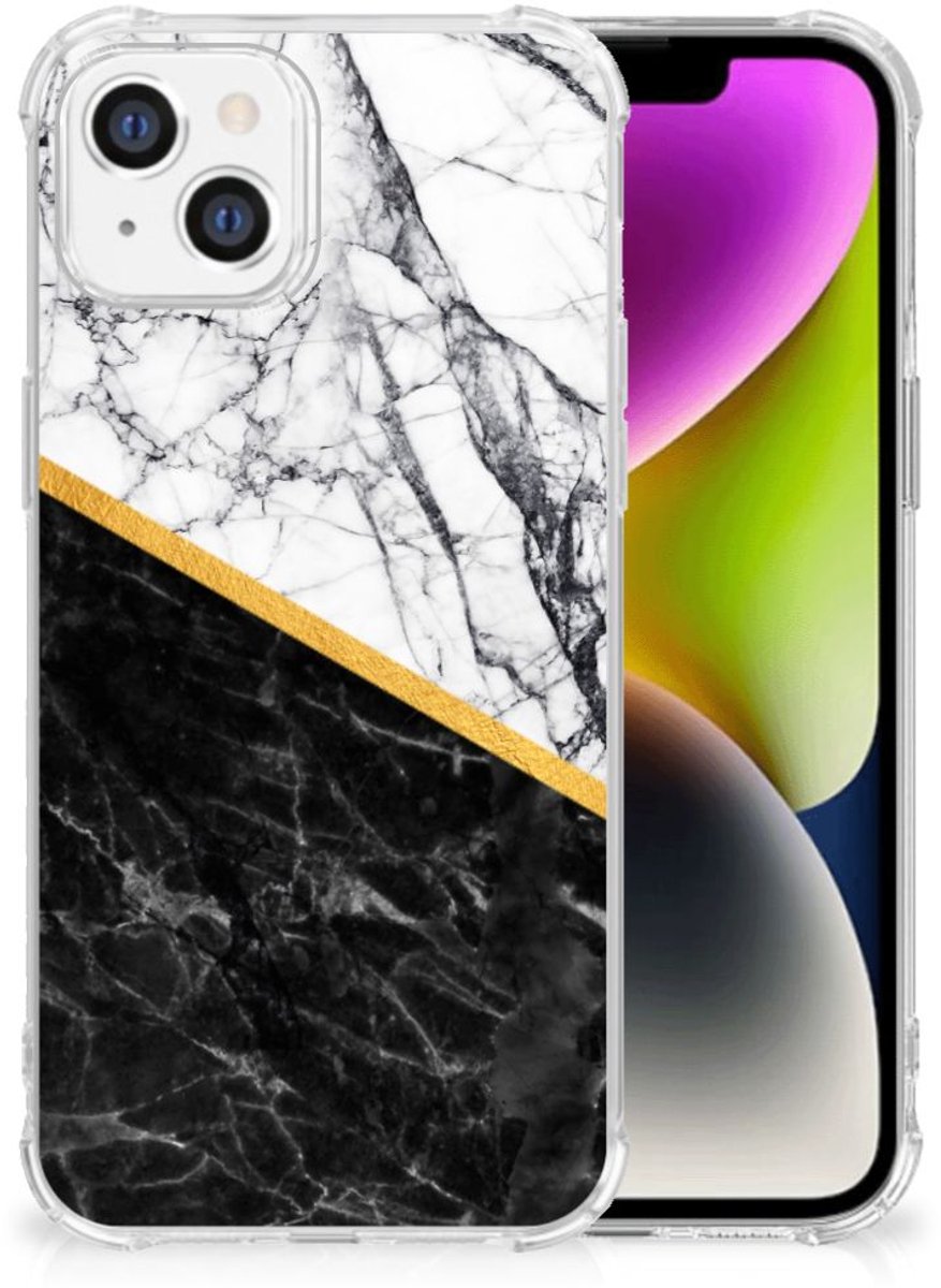 iPhone 14 Anti-Shock Hoesje Marmer Wit Zwart - Origineel Cadeau Man