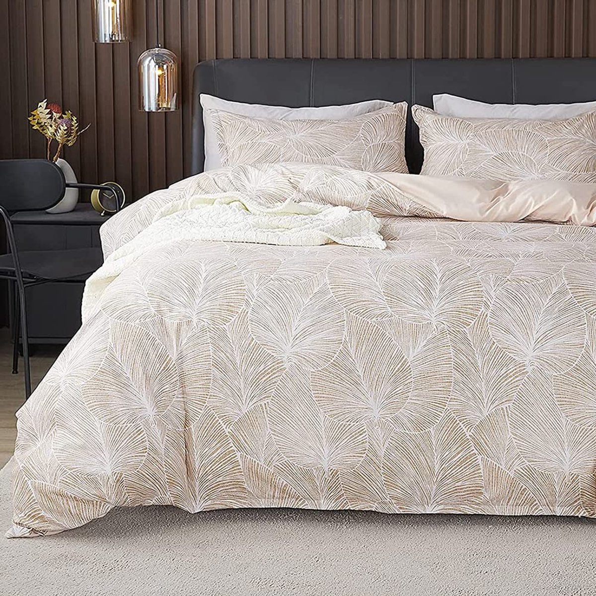 Unyqoos ® Tropisch geïnspireerd omkeerbaar beddengoedset met palmbladmotief voor een stijlvolle slaapkamer beige