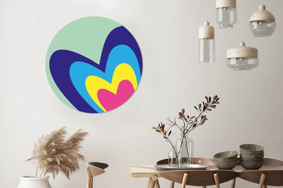 WallCircle - Wandcirkel - Muurcirkel - Hartjes - Kleurrijk - Valentijn - Aluminium - Dibond - 90x90 cm - Binnen en Buiten