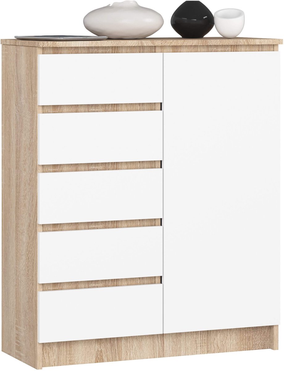 Kommode K80 met 5 Lades en 1 Deur / AKORD Furniture Factory / Sonoma Eik - Wit / 80 x 97 x 35 cm