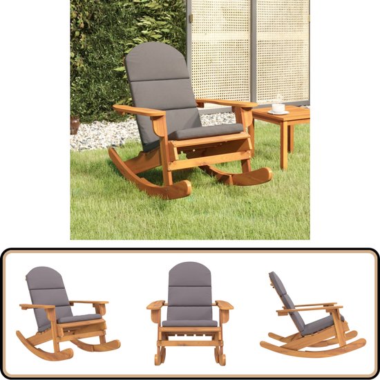 Houten schommelstoel met grijze kussens, in een tuin en geïsoleerd.