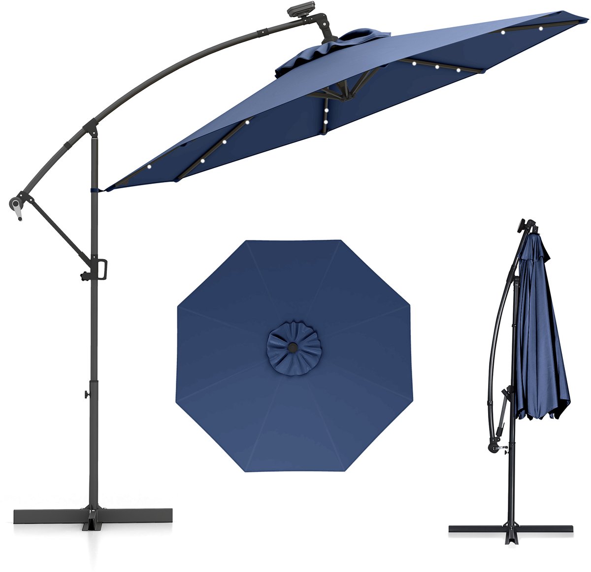 COSTWAY Parasol 300 cm, zweefparasol met 32 ledlampen op zonne-energie en zwengel, hellingshoek verstelbaar, tuinparasol, marktparasol, terrasparasol voor tuin, zwembad, terras