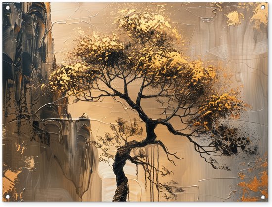 Tuinposter 120x90 cm - Tuindecoratie Boom - Goud - Landschap - Verf - Poster voor in de tuin - Buiten decoratie - Schutting tuinschilderij - Tuindoek muurdecoratie - Wanddecoratie balkondoek