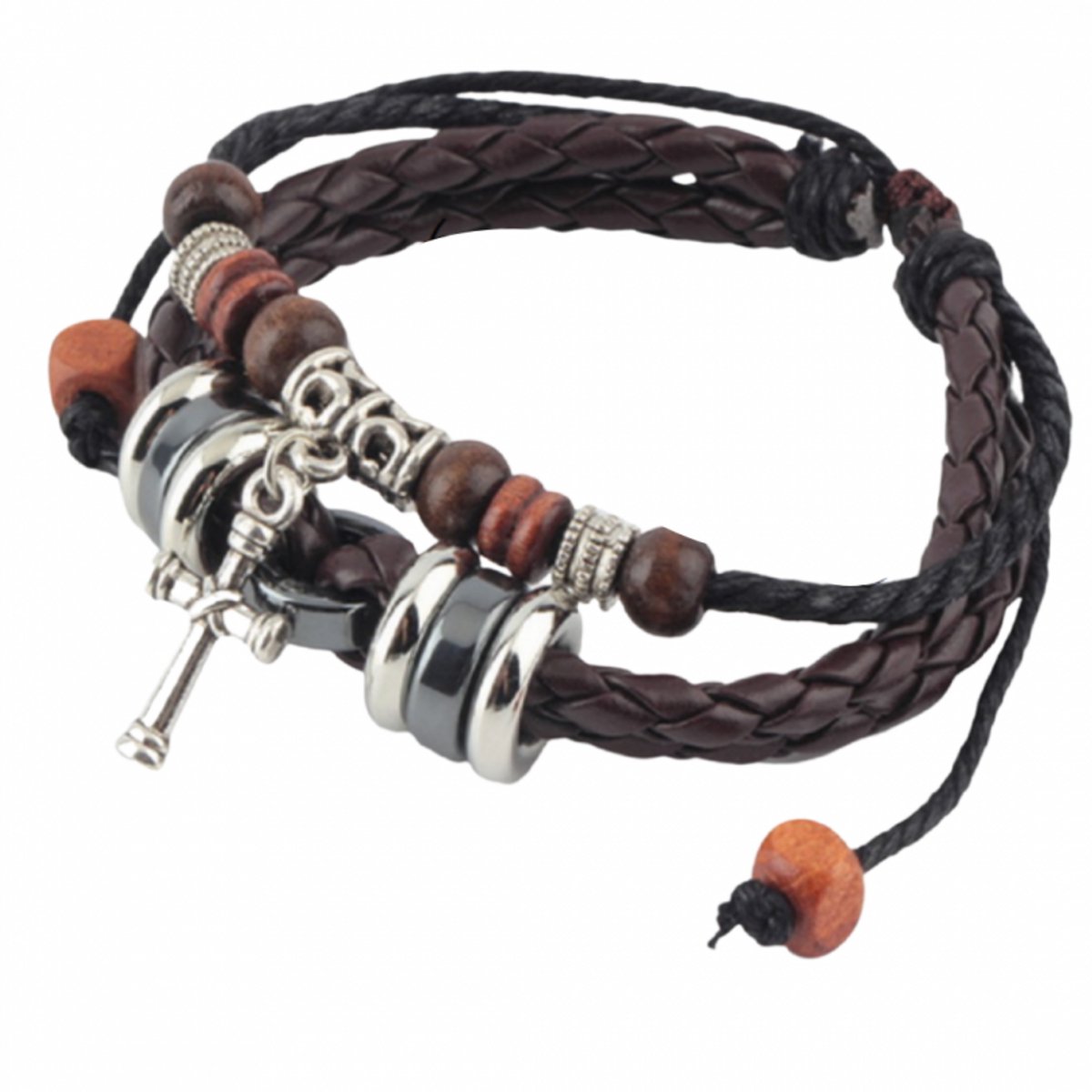 Armband- letherlook-bruin- kruisje - Charme Bijoux