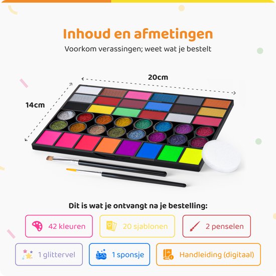 Schminkkoffer van 42 kleuren met afmetingen 20x14cm, 2 penselen en sponsje.