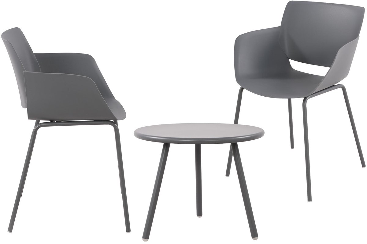 Tuinset met donkergrijze tafel en 2 Alpena stoelen - weerbestendig en UV-bestendig.