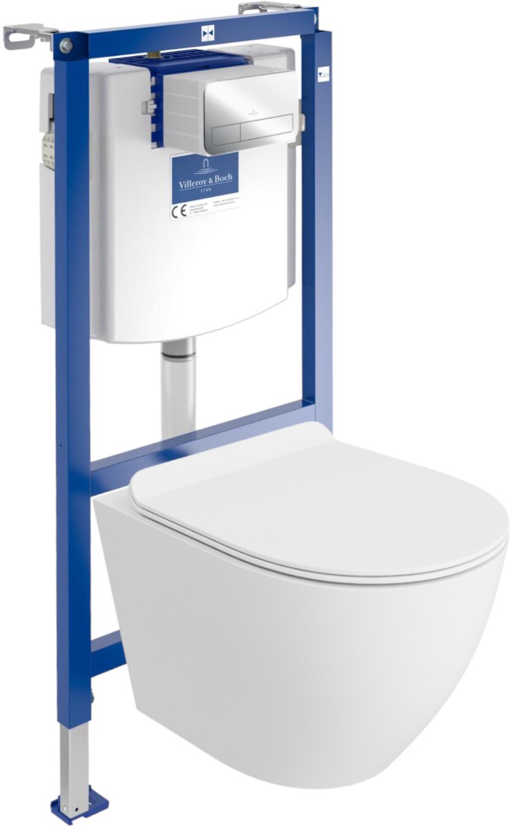 Villeroy&Boch Inbouwreservoir Complete Toiletset ViConnect H112 - Inbouw WC Hangtoilet Wandcloset SOFI SLIM WHITE MAT - Bedieningsplaat Chroom - Voorwandelement voor toilet - Installatiesysteem