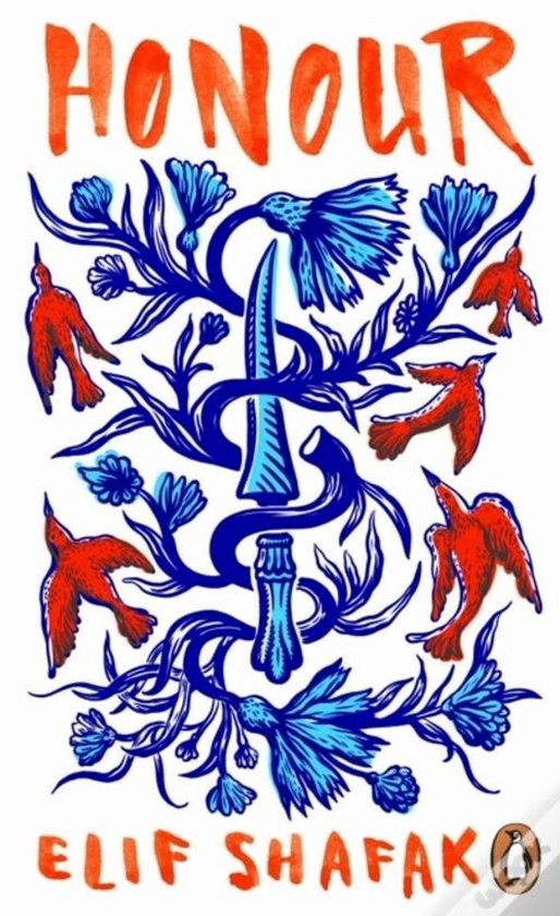 Boekomslag met de titel 'HONOUR' in oranje letters, omringd door blauwe bloemen en rode vogels.