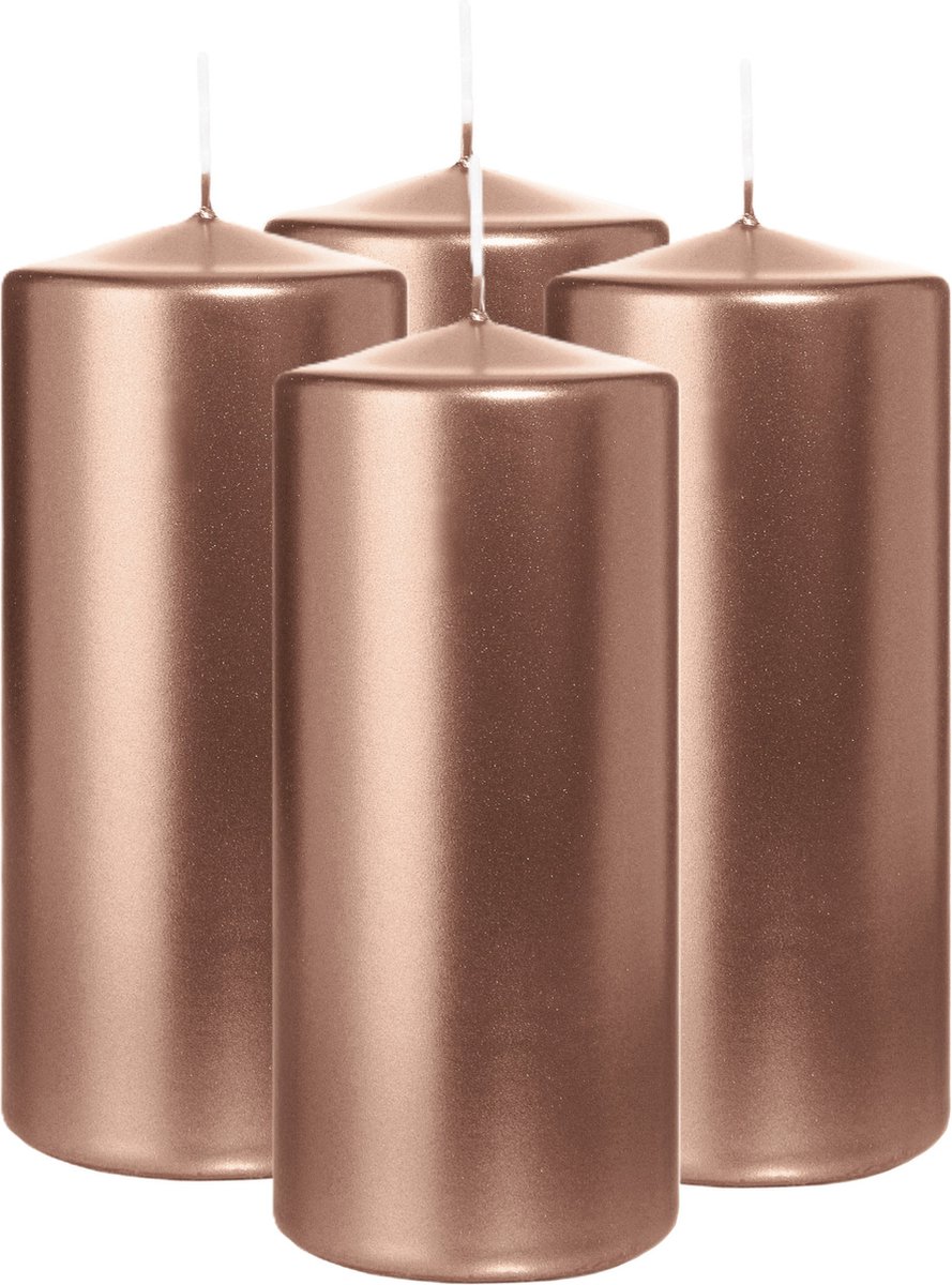 Wiedemann Cilinderkaars/stompkaars - 4x - metallic rosé goud - 15 x 7 cm - 63 branduren - zuilkaarsen Rose goud