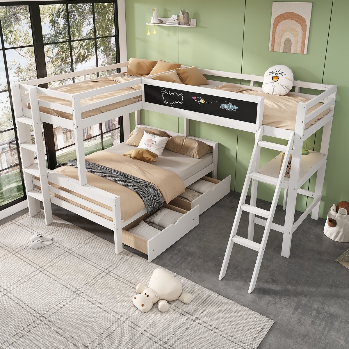 Sweiko Stapelbed - 90*200 & 140*200 cm - 3 slaapplaatsen - 2 laden - Bureau + plank - Wit