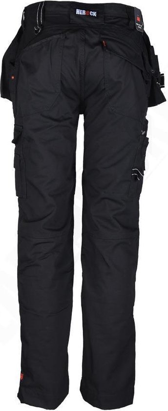 Zwarte werkbroek met zakken en bretels, herock logo op de achterkant.