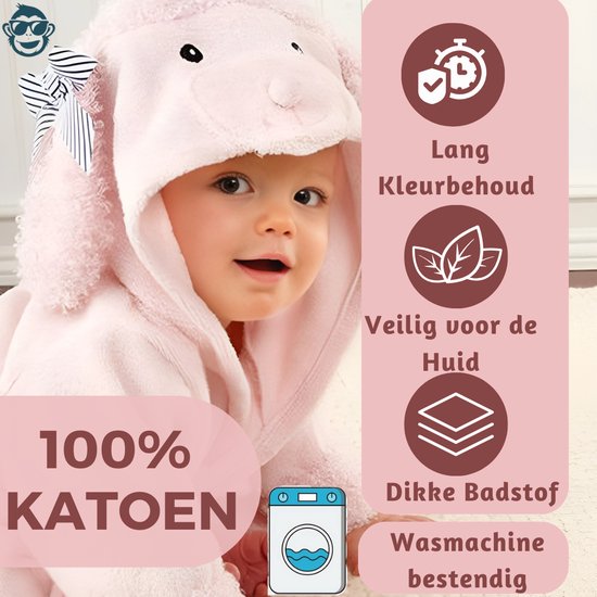 BoefieBoef Schaap Kinder Badjas Baby & Peuter 0-2 Jaar (0-85 cm) - Zacht Katoen Badstof met Dieren Capuchon - Absorberende Ochtendjas Handdoek voor Jongen & Meisje - Zwemles, Carnaval, Verjaardag & Kraamcadeau - Perfect na Bad & Zwemmen - Roze Dier van Merkloos — afbeelding 4