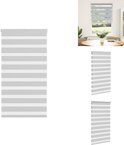 Montage van een grijs rolgordijn met horizontale banen, getoond in een interieur.