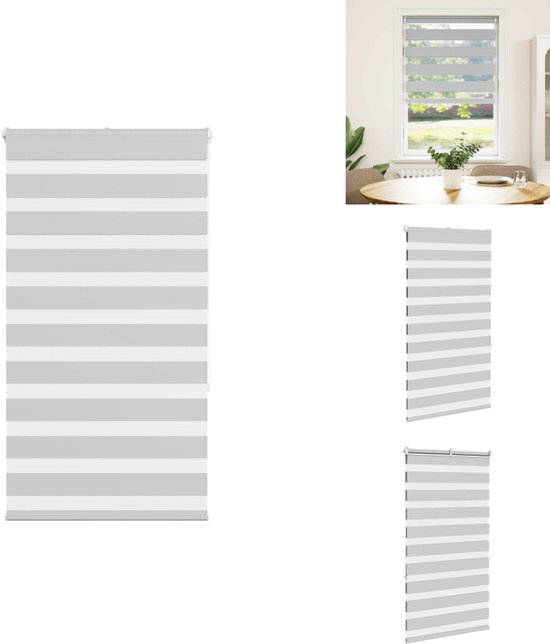 Montage van een grijs rolgordijn met horizontale banen, getoond in een interieur.
