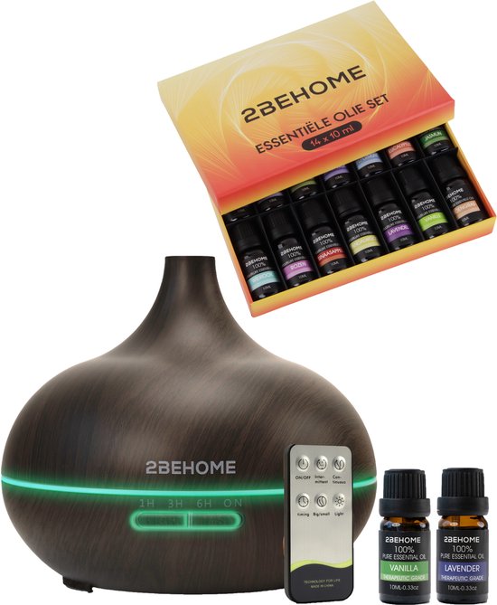 2BEHOME Aroma Diffuser Set 550 ML - 16 Etherische Oliën - Afstandsbediening - Donkere Houtlook - Etherische Olie voor Aromadiffuser - Luchtbevochtiger - Geurverspreider voor Aromatherapie - Essential Oil