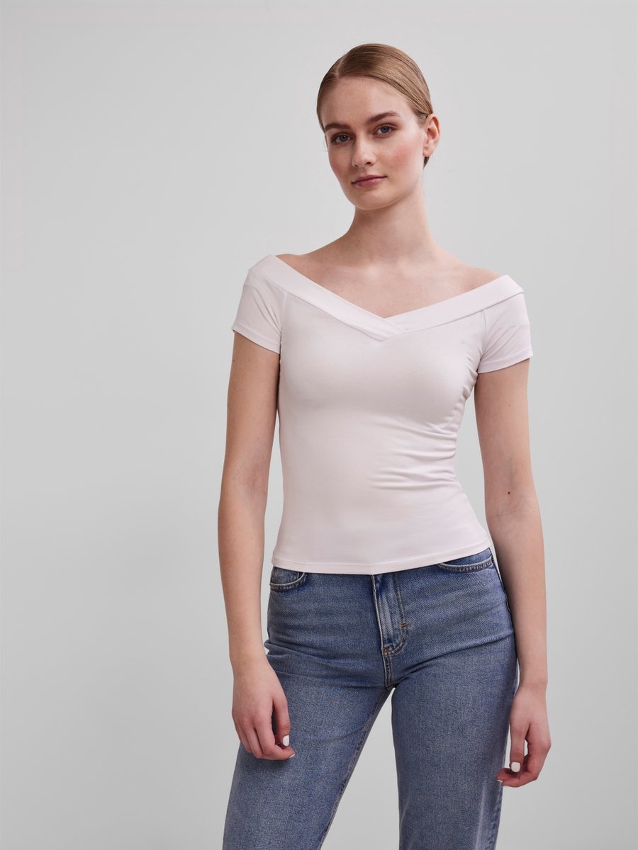 Pieces PCMALIVA SS OFF SHOULDER V-NECK TOP - Br Beige
