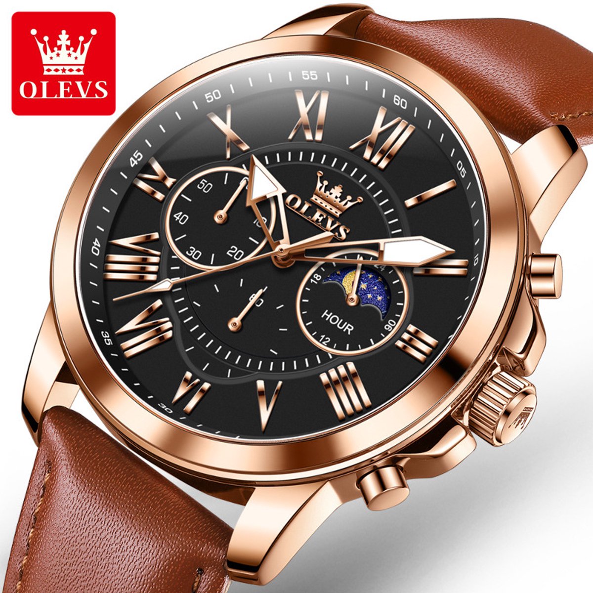HO-3632.br-rs-zw : Olevs rosékl edelstaal chronografisch quartz horloge, zwarte wijzerplaat, cognackl genuine lerenband, uren minuten maanfase -aanduiding