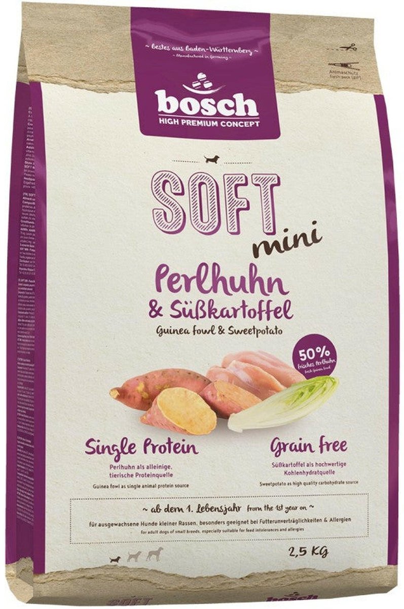 Bosch Bosch Soft Mini Hondenvoer - Parelhoen en Zoete aardappel - 2,5 kg