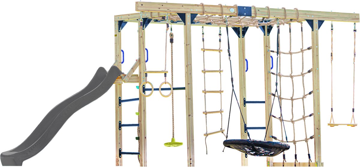 AXI Boris Klimtoestel Bruin met Schommels en Trapeze – Grijze Glijbaan – Monkey Bars en Klimnetten – Duikelstang – Diverse Ladders