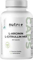 nutri+ Arginine citrulline capsules - 360 caps hoge dosering + veganistisch - 3000mg L-citrulline malaat + L-arginine basis - bodybuilding - premium kwaliteit zonder magnesiumstearaat