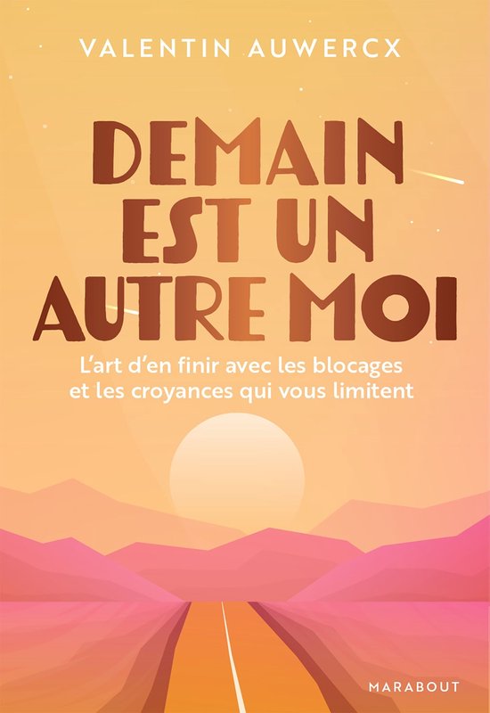 Couverture du livre "Demain est un autre moi" avec texte et un coucher de soleil sur une route.