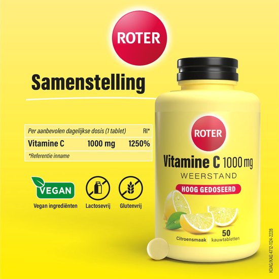 Roter Vitamine C 1000mg - Hoge dosering vitamine C ter ondersteuning van je weerstand - - 50 kauwtabletten met citroensmaak