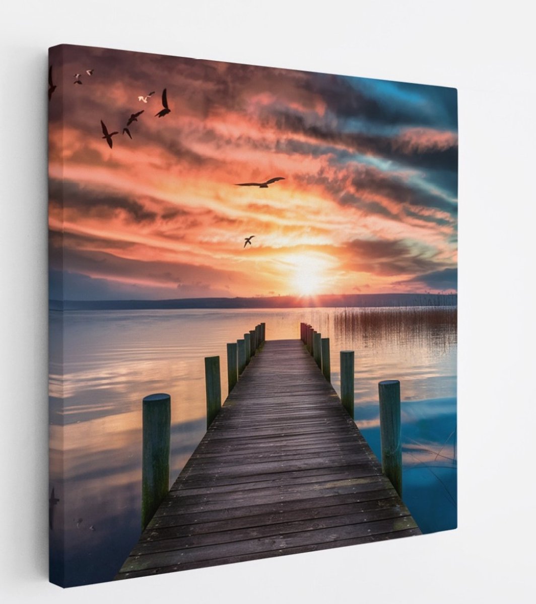 Saammp Canvas Schilderij - Steiger met vogels - Landschap - Natuur - 20x20 - Foto op canvas - Wanddecoratie - Muurdecoratie Woonkamer - Slaapkamer decoratie - Canvas Print Multicolor