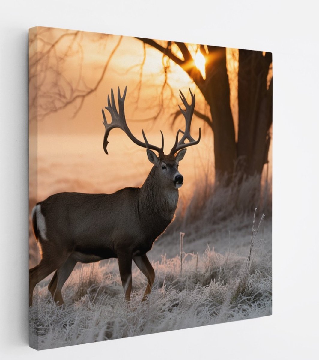 Saammp Canvas Schilderij - hert met zonsopgang in bevroren gras - Natuur - Dieren - 100x100 - Foto op canvas - Wanddecoratie - Muurdecoratie Woonkamer - Slaapkamer decoratie - Canvas Print Multicolor