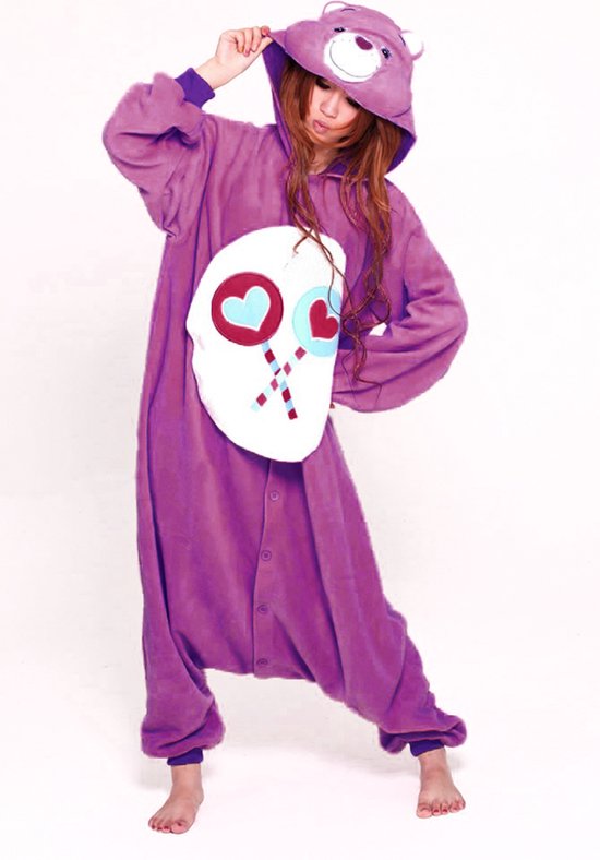 KIMU Onesie Paarse Troetelbeer Pak - Maat 152-158 - Troetelberenpak Beer Kostuum Share Bear - Berenpak Huispak Jumpsuit Pyjama Meisje Jongen Kerstkado Kerst Kado