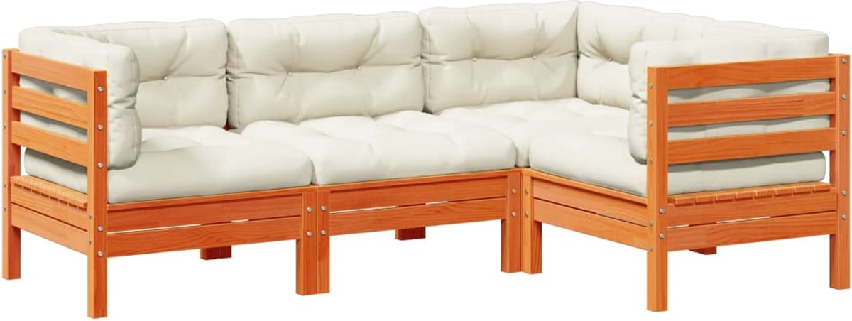 The Living Store 4-delige Loungeset met kussens massief grenenhout wasbruin - Loungeset - Tuinset - Hoekbank - Tuinmeubelen - Houten Bank