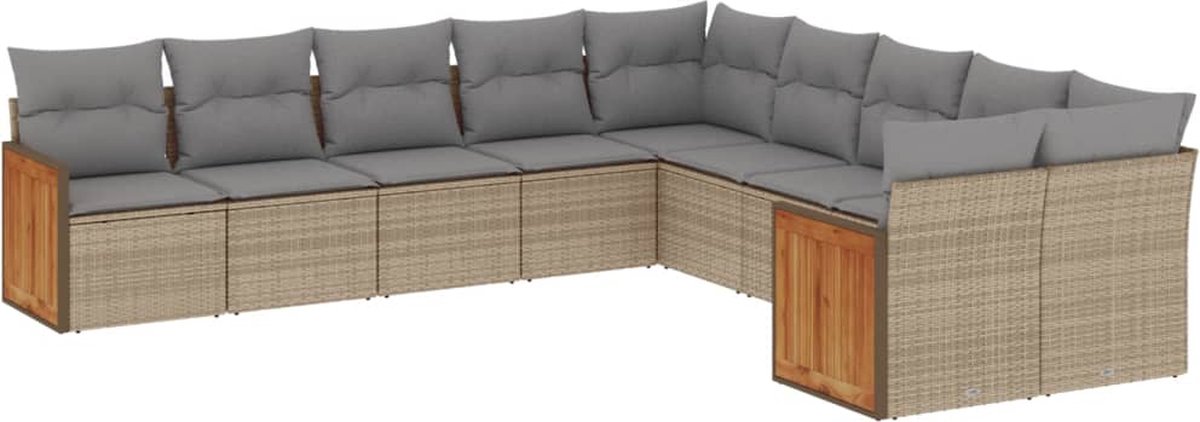 Moderne beige poly rattan loungeset met kussens voor tuin en terras.