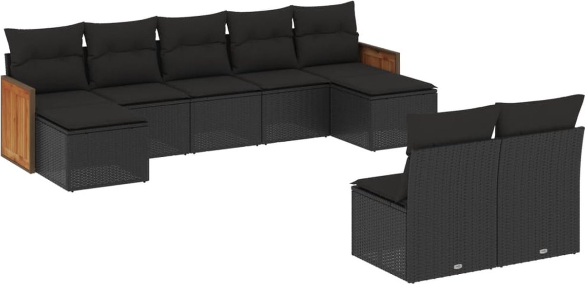 The Living Store 9-delige Loungeset met kussens poly rattan zwart - Loungebank - Lounge Set - Tuinmeubels - Buitendecoratie - Outdoor Furniture