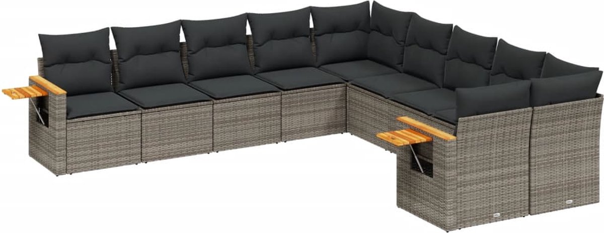 The Living Store 10-delige Loungeset met kussens poly rattan grijs - Loungebank - Lounge Set - Tuinset - Buitendecoratie - Outdoor Furniture