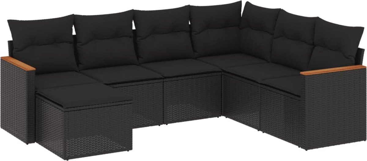 The Living Store 7-delige Loungeset met kussens poly rattan zwart - Loungebank - Tuinset - Lounge Set - Outdoor Furniture - Pe Rattan