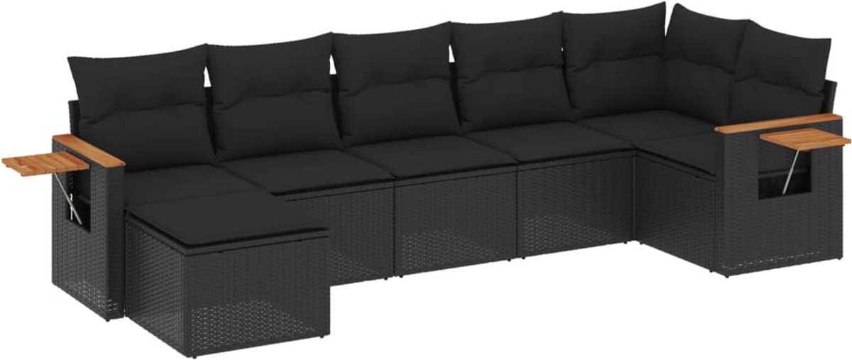 Zwarte poly rattan loungeset met kussens voor tuin en terras.