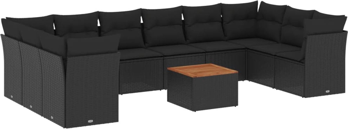 Zwarte poly rattan loungeset met kussens voor buiten - The Living Store