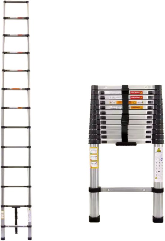 Cecaylie Telescopische ladder, aluminium, multifunctionele ladder met 2 afneembare haken, telescopische ladder, belastbaar tot 150 kg, antislip, zwart