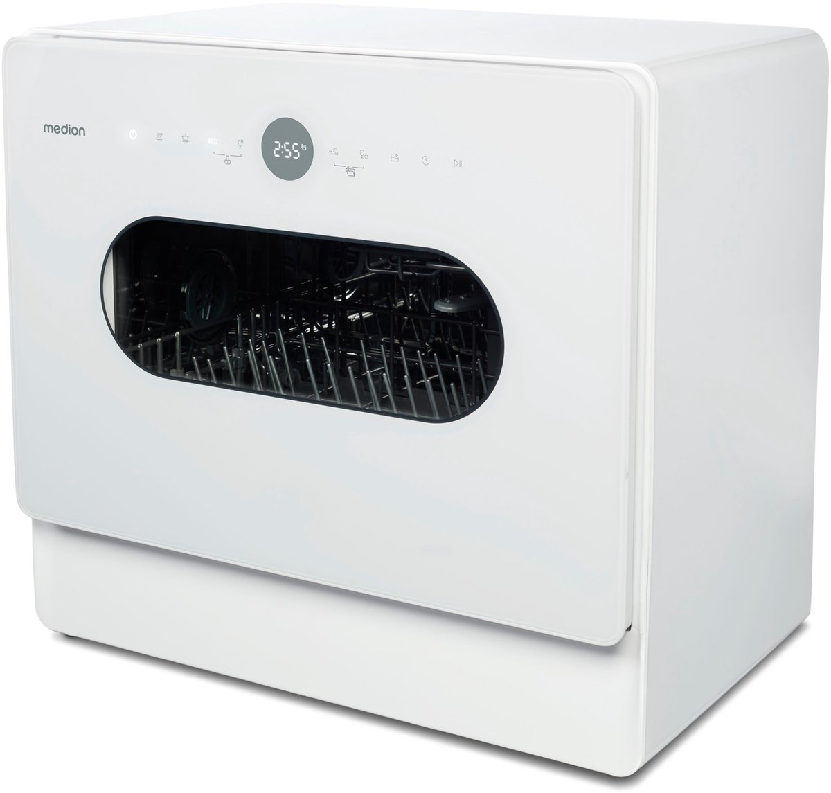 MEDION Mini Vaatwasser DWT51 (tafelmodel vaatwasser met touchbediening, emmerfunctie, 5 couverts, werkt met/zonder wateraansluiting, 7 reinigingsprogramma's, voorkeuze starttijd, MD 37766) wit