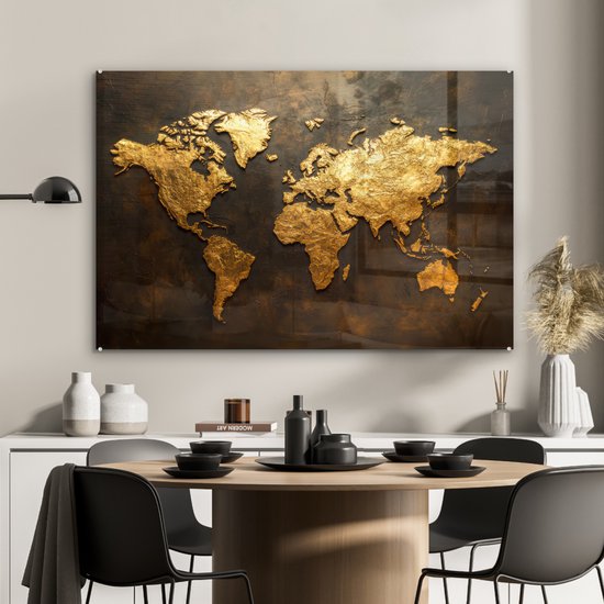 MuchoWow® Glasschilderij 120x80 cm - Schilderij acrylglas - Wereldkaart - Goud - Roest - Foto op glas - Muurdecoratie woonkamer - Wanddecoratie slaapkamer - Schilderijen