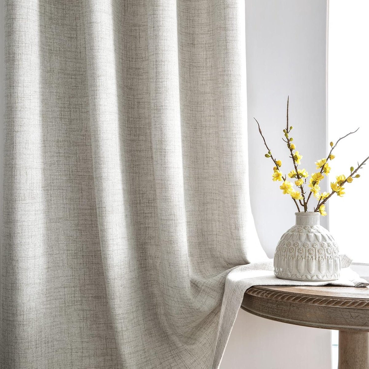 Famanu - Gordijnen met plooiband, natuurlijke linnenlook, halfvrije gordijnen, set van 2, 225 x 140 cm