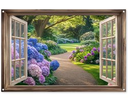 Tuinposter 120x80 cm - Tuindecoratie Doorkijk - Tuin - Raam - Hortensia - Bloemen - Poster voor in de tuin - Buiten decoratie - Schutting tuinschilderij - Tuindoek muurdecoratie - Wanddecoratie balkondoek - Moederdag cadeautje Tuinposter 120x80 cm - Tuindecoratie Doorkijk - Tuin - Raam - Hortensia - Bloemen - Poster voor in de tuin - Buiten decoratie - Schutting tuinschilderij - Tuindoek muurdecoratie - Wanddecoratie balkondoek - Moederdag cadeautje