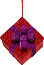 Vouwbaar pakje van glitterstof rood pakje met paars lint