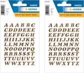 2x Stickervelletjes met 61x stuks plak letters alfabet A tot Z goud/folie 8 mm